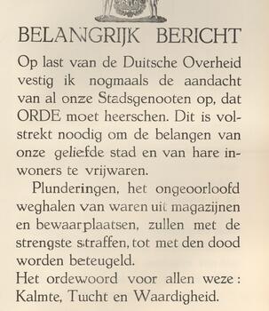 Plakat mit dem Aufruf von Bürgermeister Delwaide, die Ordnung zu wahren