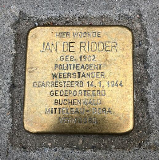 Ein Stolperstein von Jan De Ridder, geboren 1902, verhaftet am 14.1.1944